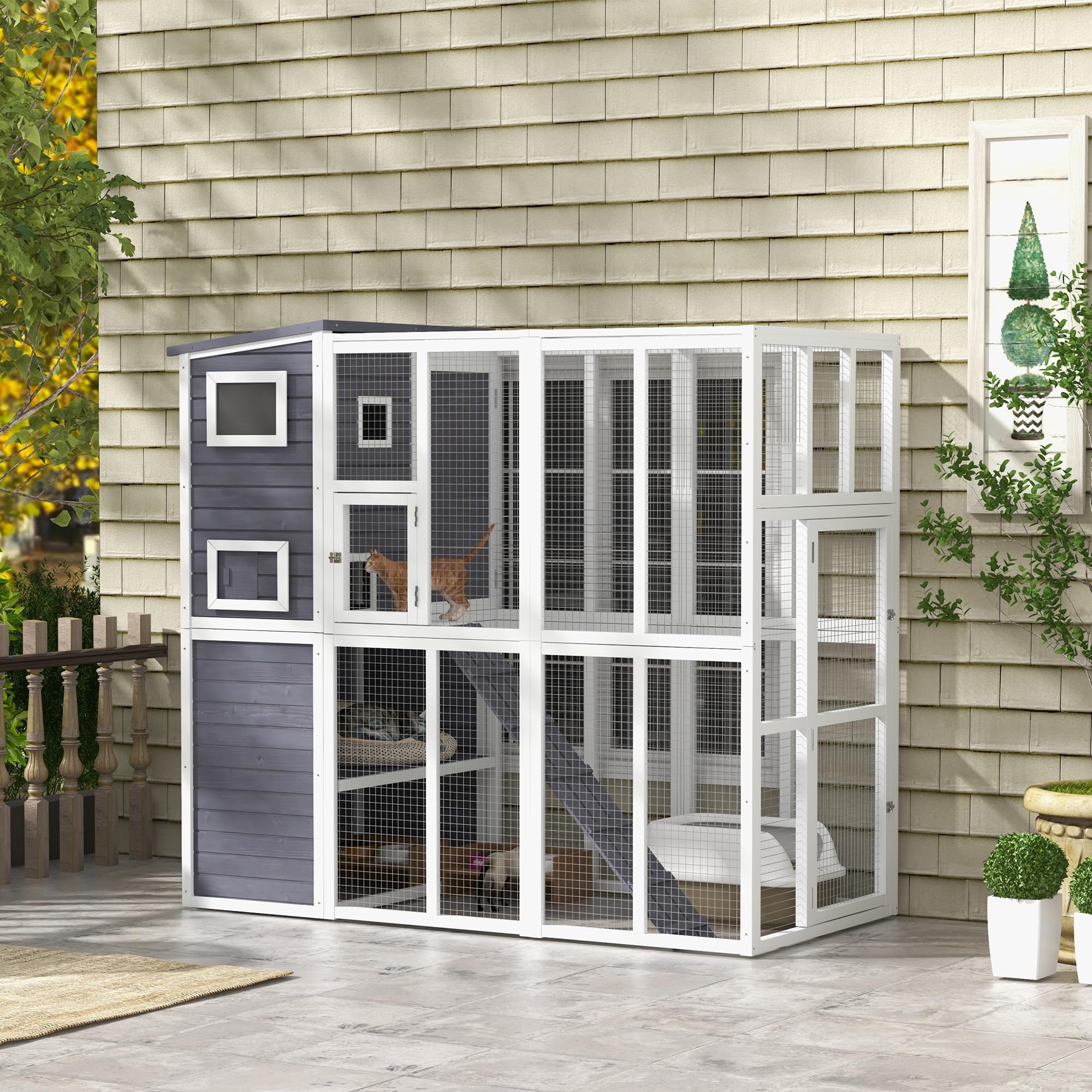 Pawhut Catio Outdoor Cat Enclosure, Wooden Cat Patio With Platforms, Waterproof Asphalt Roof, Ramps, 77 L, Light Gray
